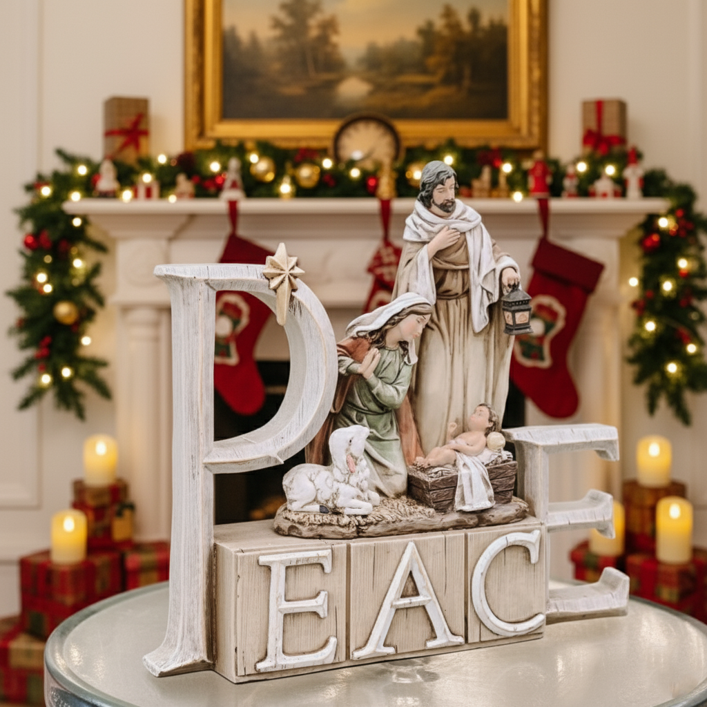 PEACE Nativity Scene Decor, Holy Family Christmas Figurine, Mary Joseph Baby Jesus Set, Religious Table Display, Holiday Gift